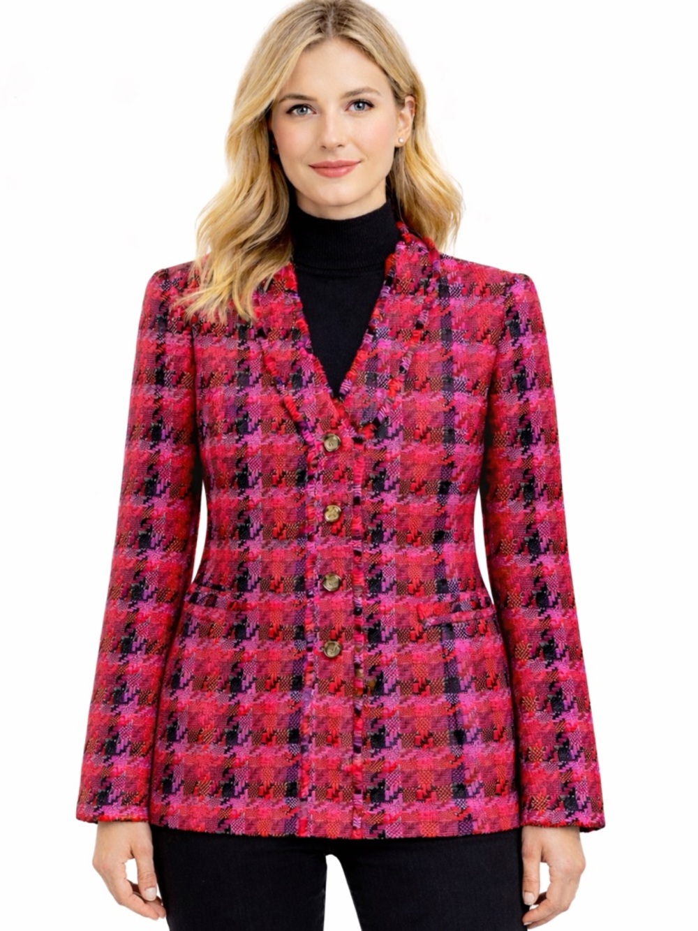 Ann Taylor Pink Multi Houndstooth Tweed Long Jacket - Like new